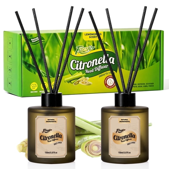 SCENTORINI Citronella Scented Reed Diffuser, 2 Pack Lemongrass Oil Diffuser, Natural Summer Air Freshener with Reed Sticks for Home, Bathroom & Office