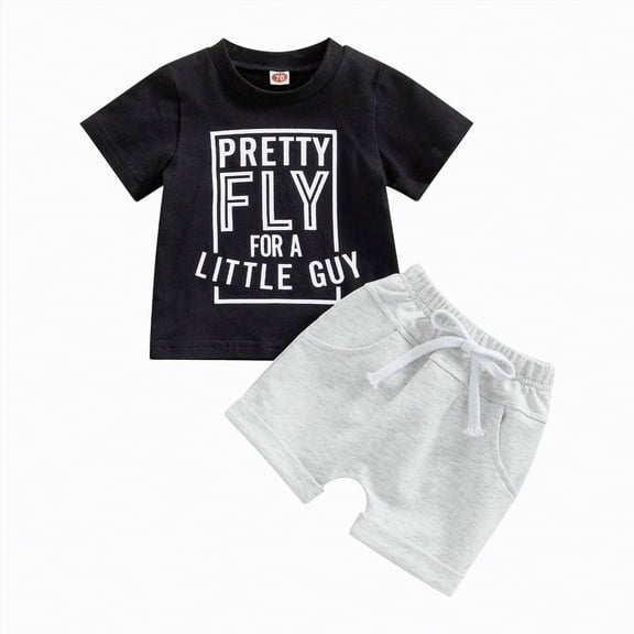 Ramiter Toddler Baby Boy Summer Outfit Letter Print Short Sleeve T Shirt Tops Elastic Stripe Shorts Cute Infant Clothes(Grey,12-18 Months)