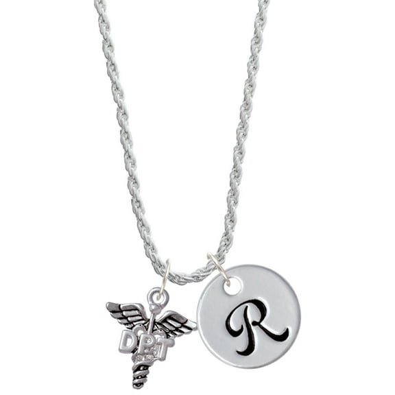 Delight Jewelry Silvertone Caduceus - DPT Silvertone Script Initial Disc - R - Charm Necklace, 20" 3"