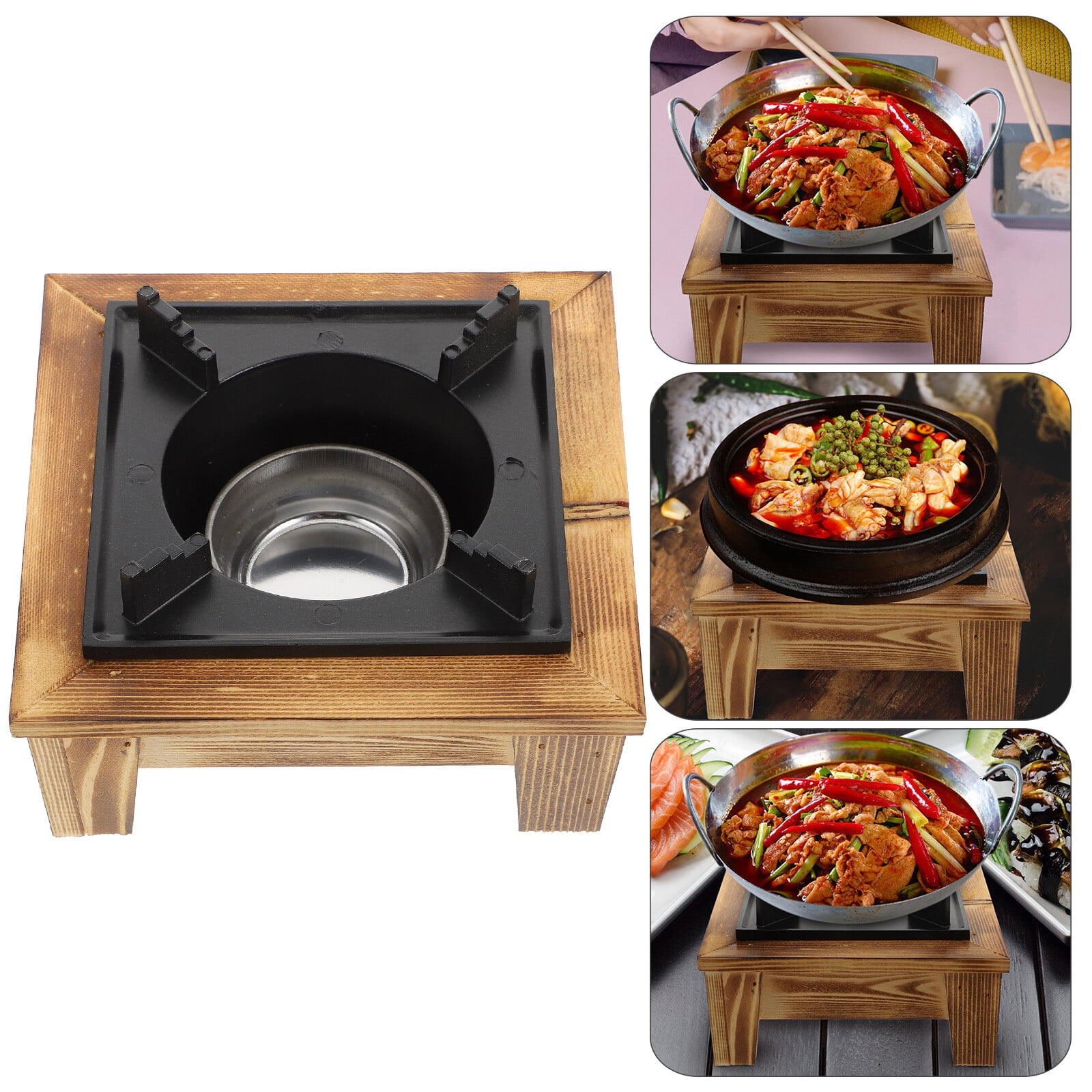 Masteelf Practical Black Synthetic Cooking Alcohol Stove for Kitchen Use with Pine Wood Frame and Design