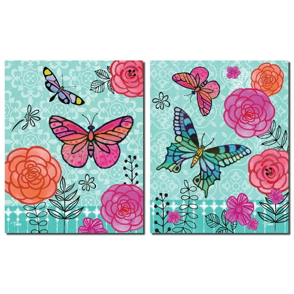 Butterfly Garden; Fun & Colorful Flowers and Butterflies; Two 8x10in Poster Prints. Teal/Pink