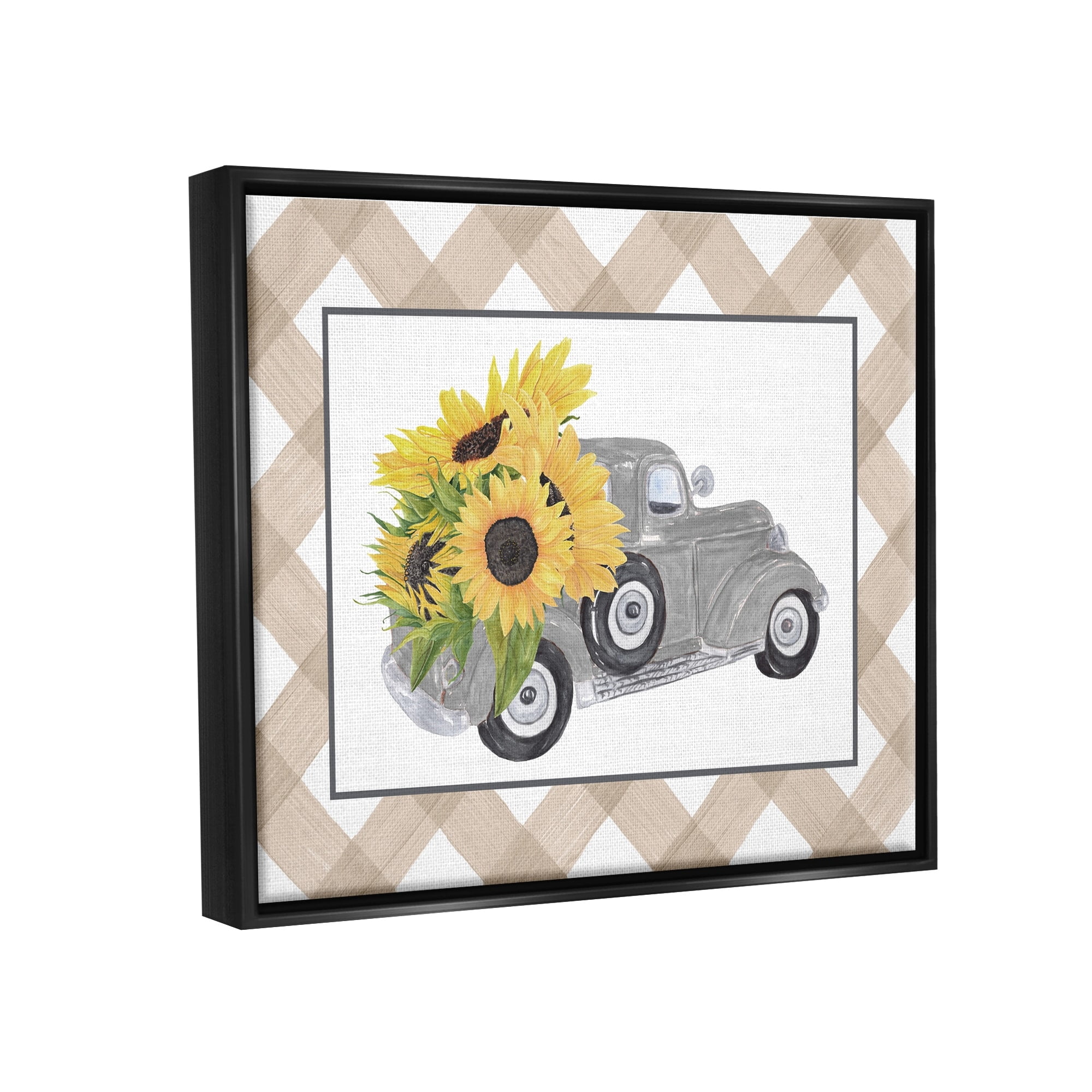 Stupell Industries Country Vintage Truck Carrying Sunflowers Plaid Border Graphic Art Jet Black Floating Framed Canvas Print Wall Art, Design by Lettered and Lined