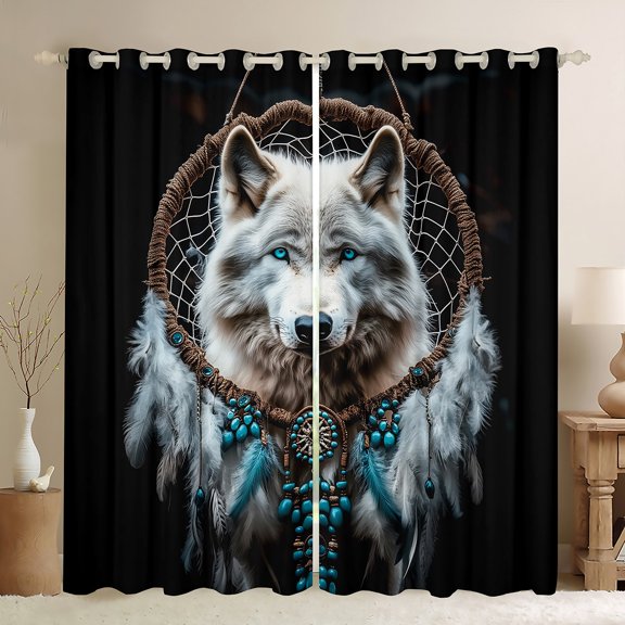 jejeloiu Boho Style Dreamcatcher Curtains and Drapes,Woodland Animal Wolf Black Out Curtains,Howling Wolves Curtains Pack of 2 (52x63 Each) For Kids Boys,Microfiber Bedroom Decor