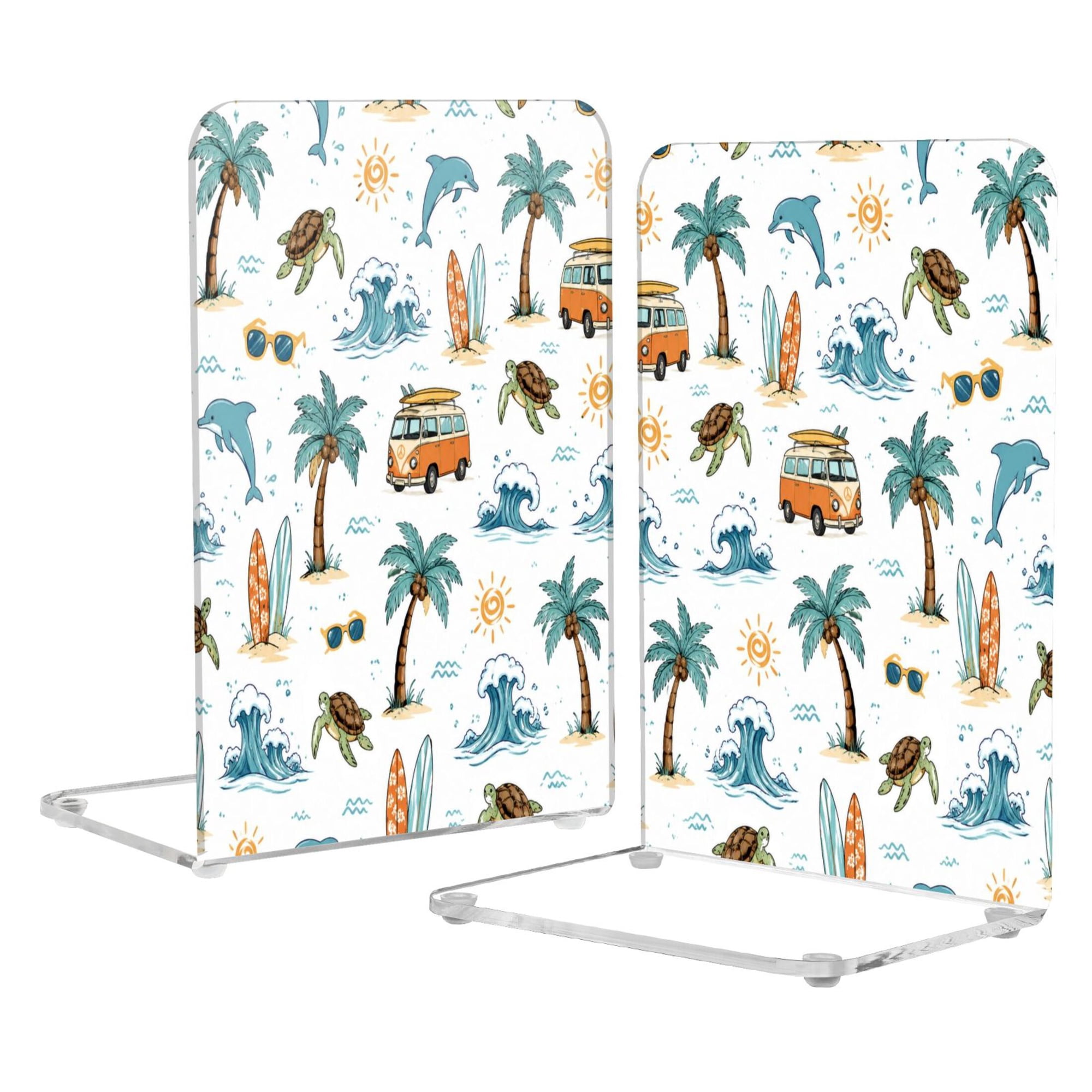 Acrylic Bookends 2 Pairs Decorative Book Stoppers for Home Office Desk Organizer Island Vacation-themed Patterns
