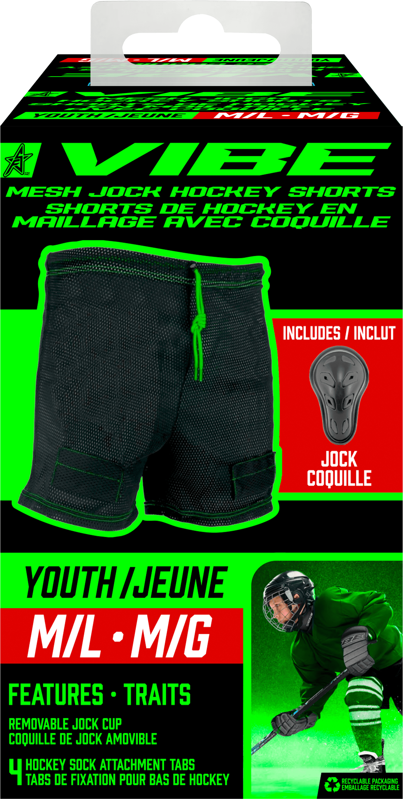 VIBE Youth Hockey Jock Mesh Shorts with Cup and Sock Tabs – Medium/Large