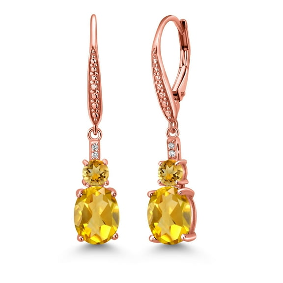 Gem Stone King 18K Rose Gold Plated Silver Yellow Citrine and White Lab Grown Diamond Dangle Earrings for Women (3.54 Cttw, Oval 9X7MM)