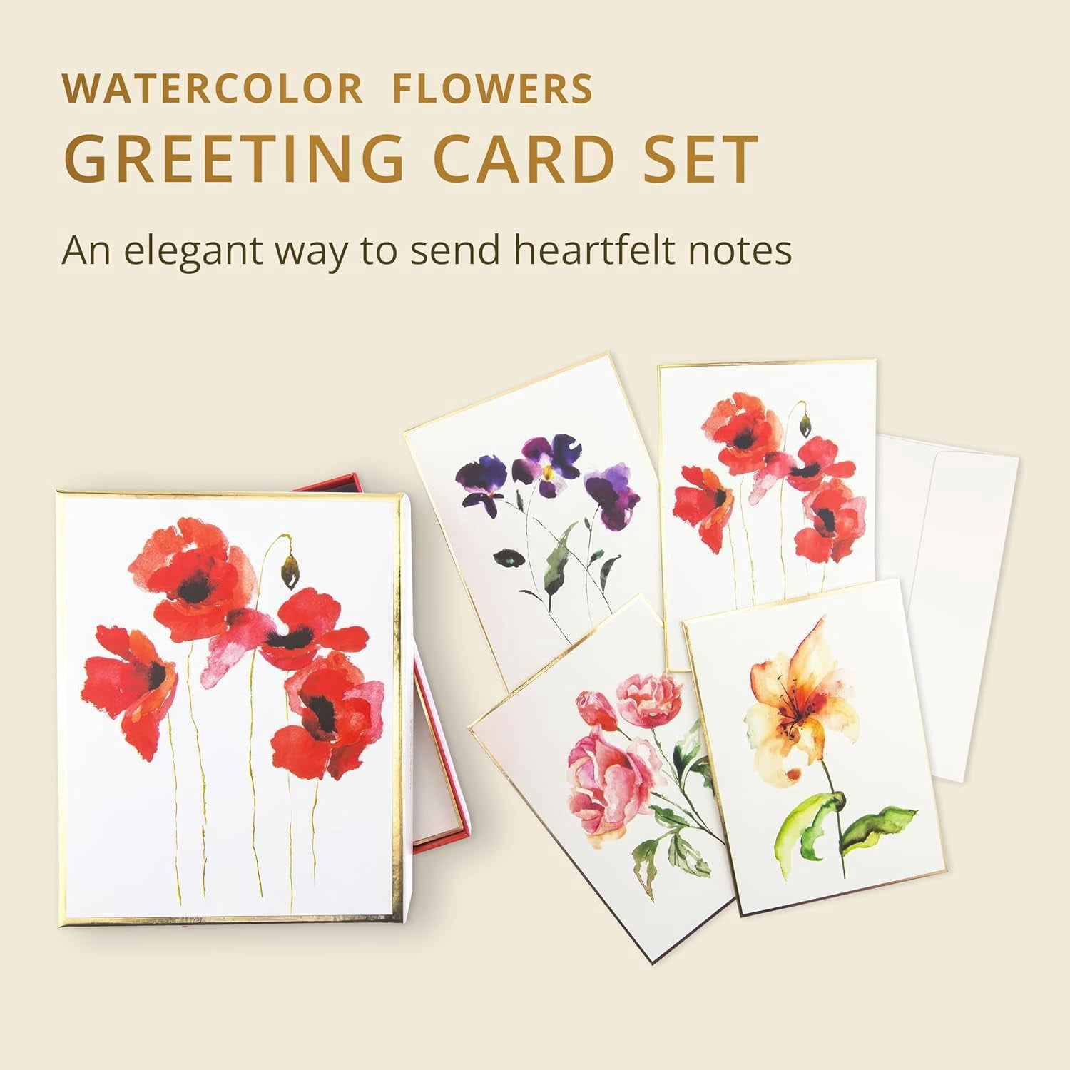 Watercolor Flowers Greeting Cards | 20 Pack | All Occasion Blank Note Cards with Envelopes | 4 Assorted Floral Designs with Gold Foil Borders | Boxed Set for Personalized Notes | 4.25" x 6"