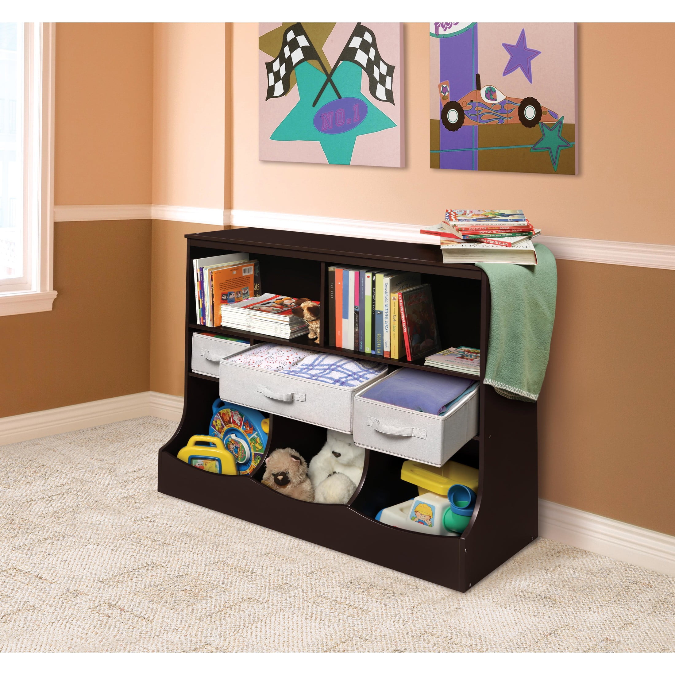Badger Basket Children's Wooden Combo Bin with Three Baskets 55 gal Toy Storage Cube, Espresso