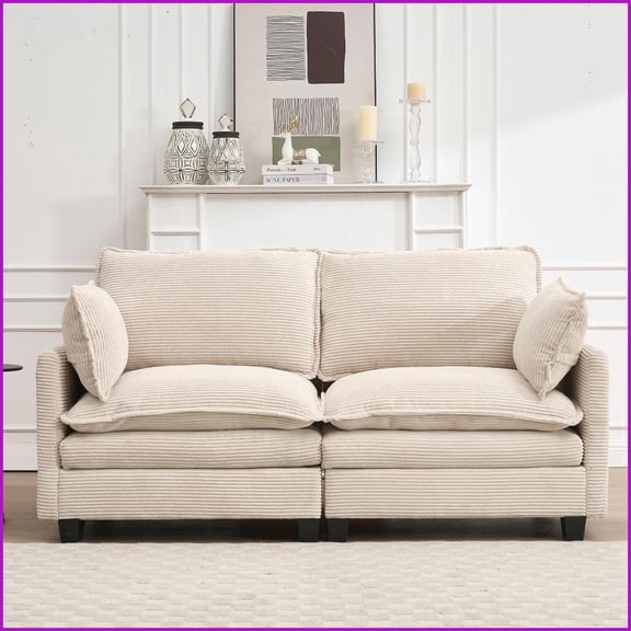 Modular 2-Seat Velvet Sofa with 2 Lumbar Pillows - Deep Seat Upholstered Couch for Living Room | Off-White | Velvet | Cushion Back