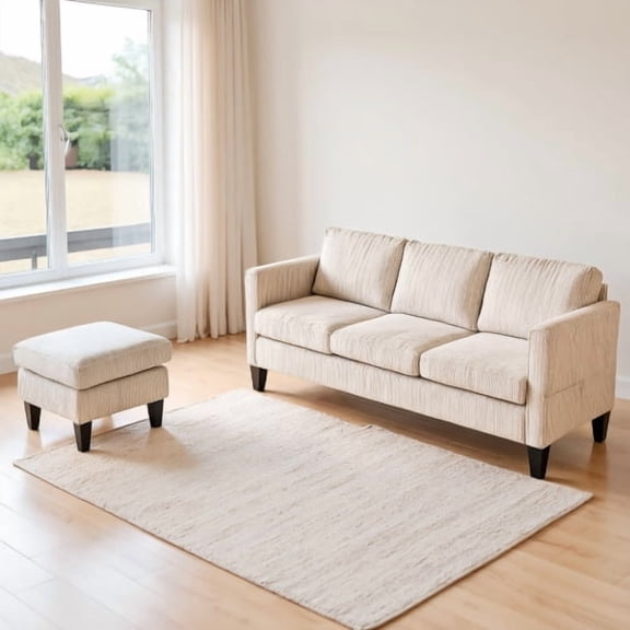 Nmkwnr Corduroy Loveseat Sofa with Ottoman, 3 Seat Sofa Couch for Living Rooms, Apartment, Office, White