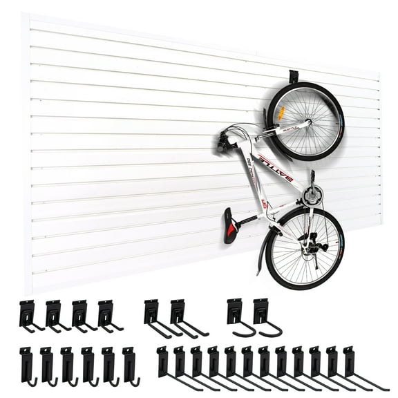 Slat Wall Panels Paneling Garage Storage PVC Wall Panels with 26Pcs Hooks, Slatwall Board Panel System Garage Home Organizer Wall Mounted 8ft x 4ft (32 sqft), Heavy Duty Pegboard for Tool Organization
