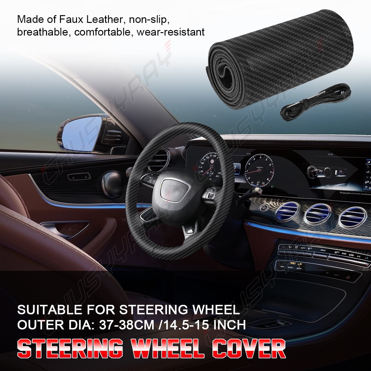 Leather Car Steering Wheel Cover Anti-slip Fit Mercedes-Benz 15" Black