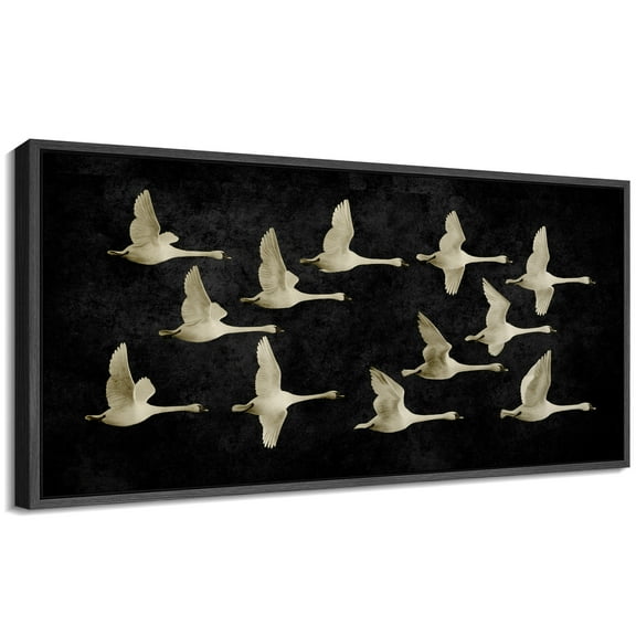 Large Framed Canvas Print Minimalist White Swans on BlackWall Art Decorative Ready to Hang Painting for Living room Bedroom 60x30 inches Black Frame