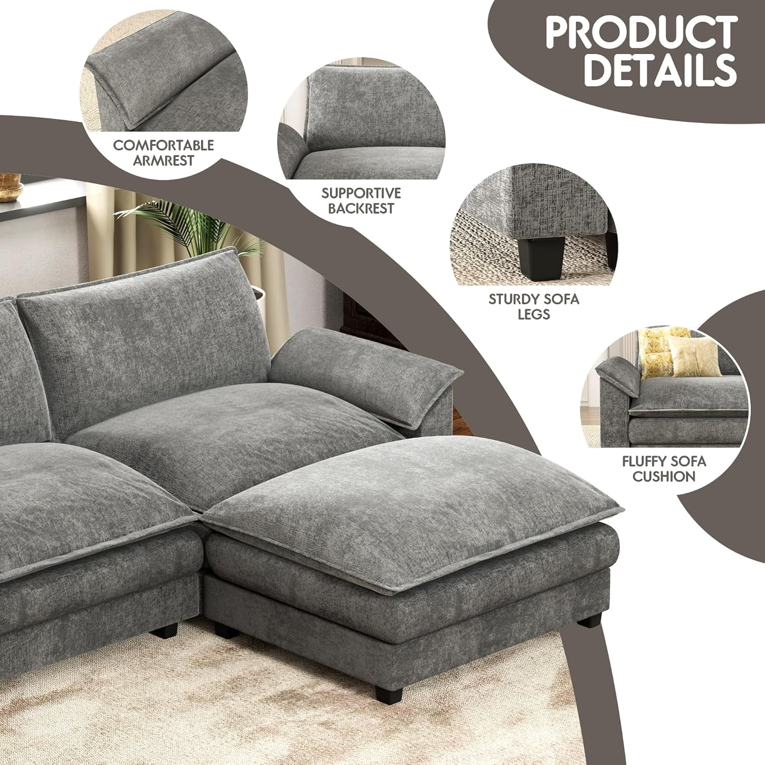 Howcool Cloud Couch Modular Sectional Sofa 3 Seat 107" L Shaped Convertible Couch Chenille Thick Cushion with Ottoman, Removable & Washable Cover for Living Room, Dark Gray