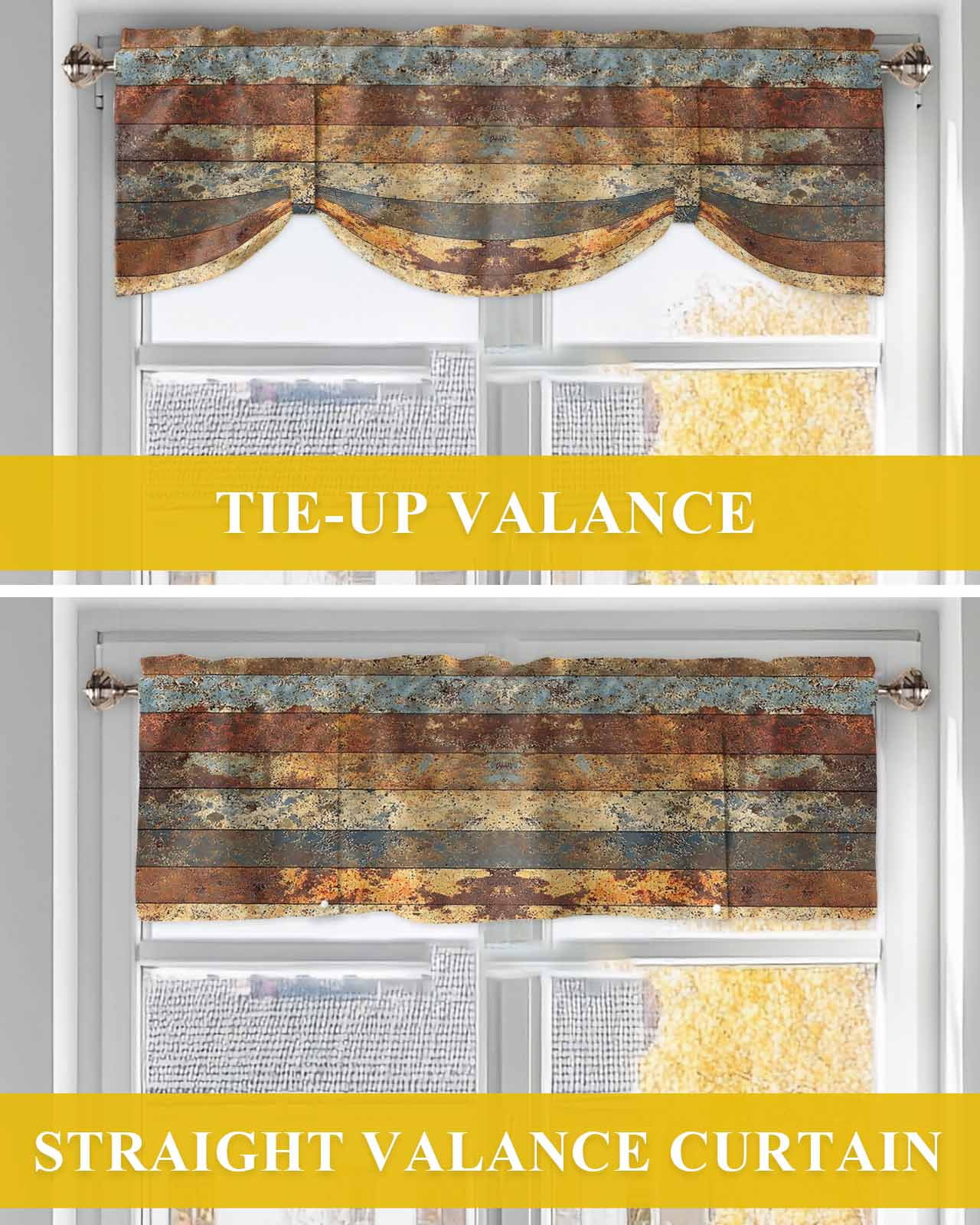 Vintage Striped Tie Up Valances Curtain, Rust Mottled Texture Distressed Kitchen Valances for Windows Decor, Rod Pocket Short Curtains Set for Bedroom/Bathroom, 54"x18"