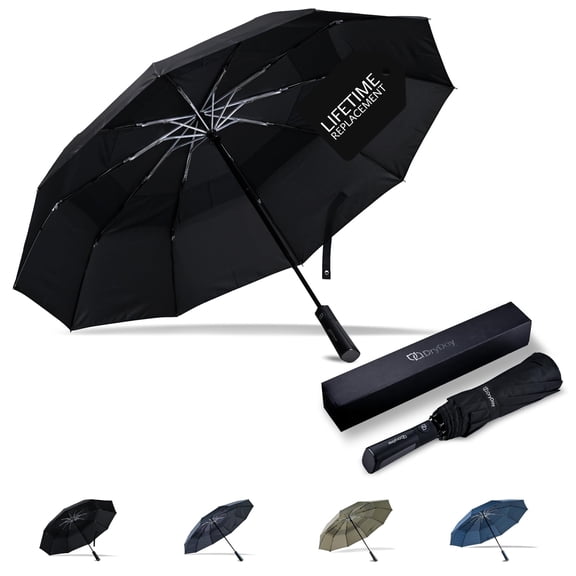 DryDay 47” Premium Umbrellas for Rain, Large Windproof Double Canopy Umbrella, 10 Aluminum Ribs, Sturdy Frame, Auto Open Close Unique Handle, Windproof & Waterproof Umbrella for Women & Men, Black