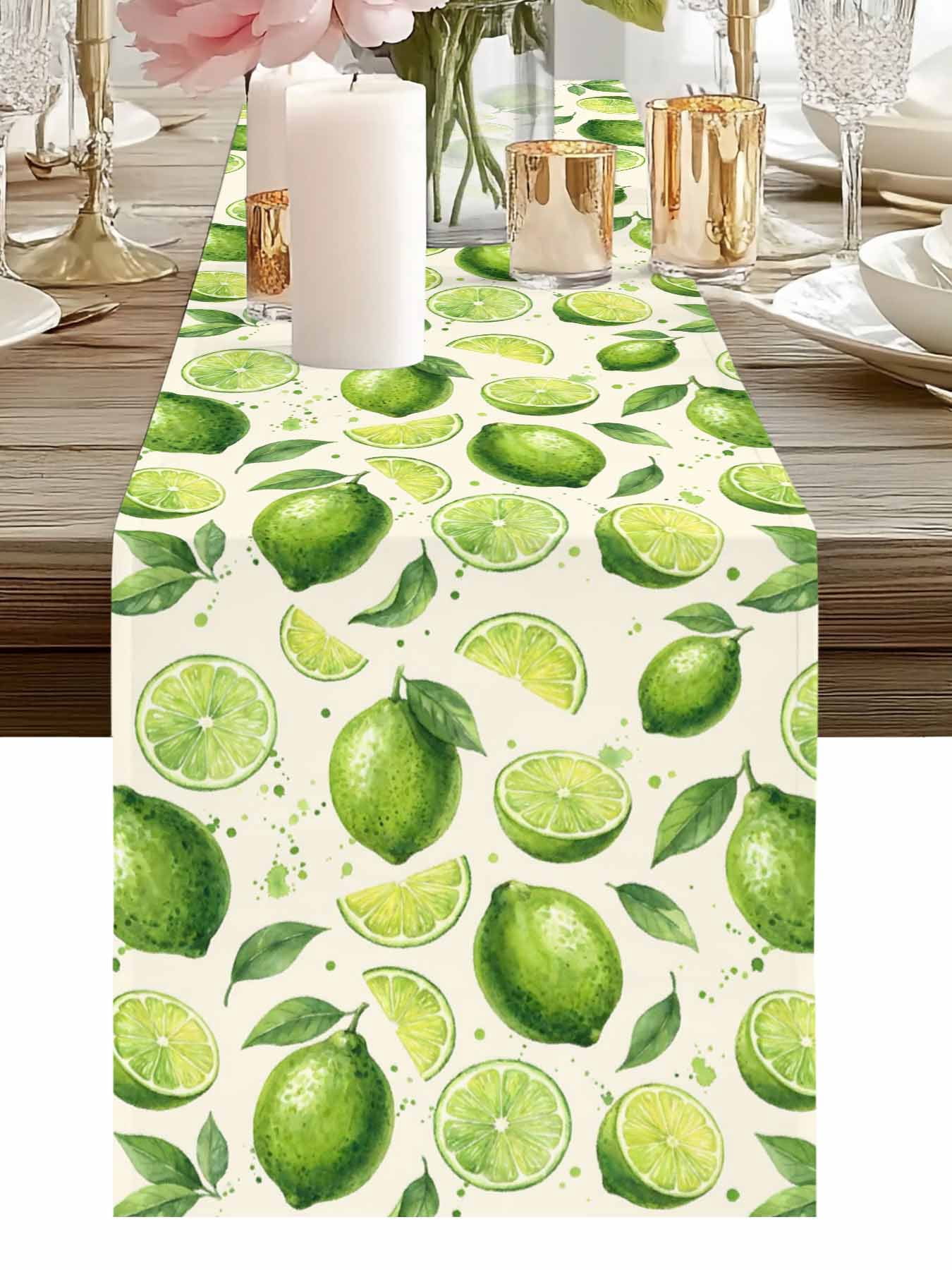 Summer Fruit Table Runner, Watercolor Green Lemon Lime Slice Leaf Rustic Washable Cotton-linen Table Runners Dining Kitchen Decoration for Everyday Home Wedding Party Decor, 13 x 90 Inch