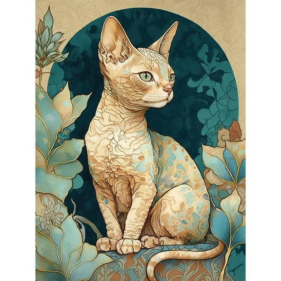 Devon Rex Cat with Pattern Fur Art Nouveau Modern Illustration Unframed Wall Art Print Poster Home Decor Premium