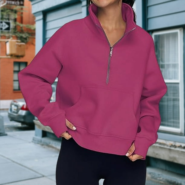 Sudadera Ropa de otoño con cuello alto y media cremallera para mujer Traje diario de color sólido (Rosa Rojo S) Kuymtek Rosa roja T S para Mujer