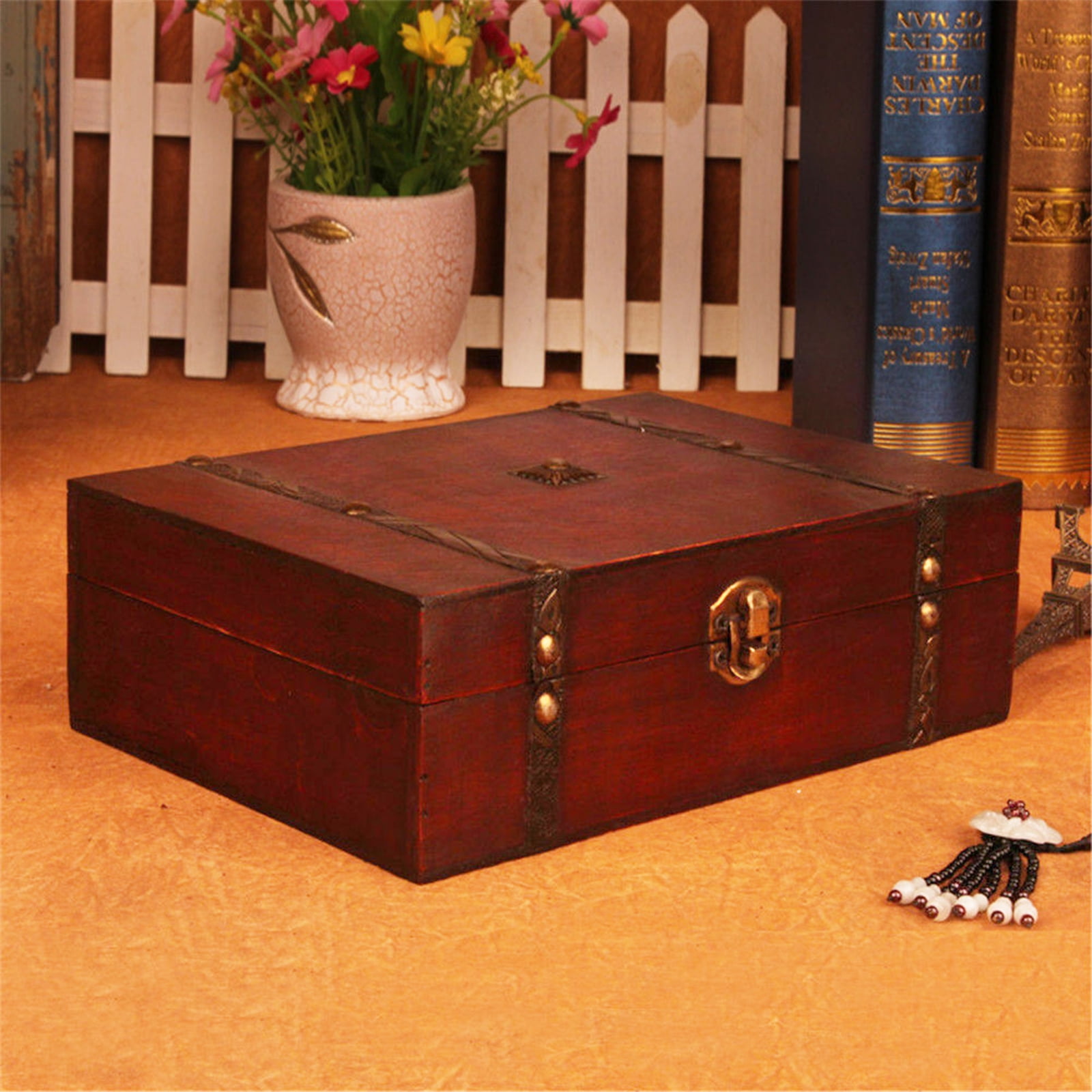 Vintage Wooden Storage Box Decorative Treasure Jewelry Chest With Lock Gift Case 