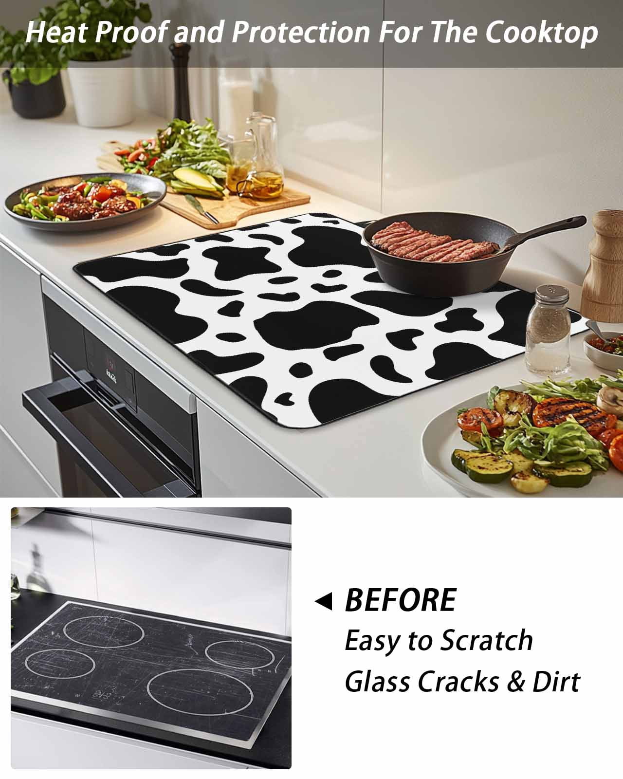 Stove Top Covers for Electric Stove, Black and White Glass Stovetop Cover Protector, Farmhouse Cow Black White Induction Cooktop Protector Oven Mat for Kitchen Countertop 24"x21"