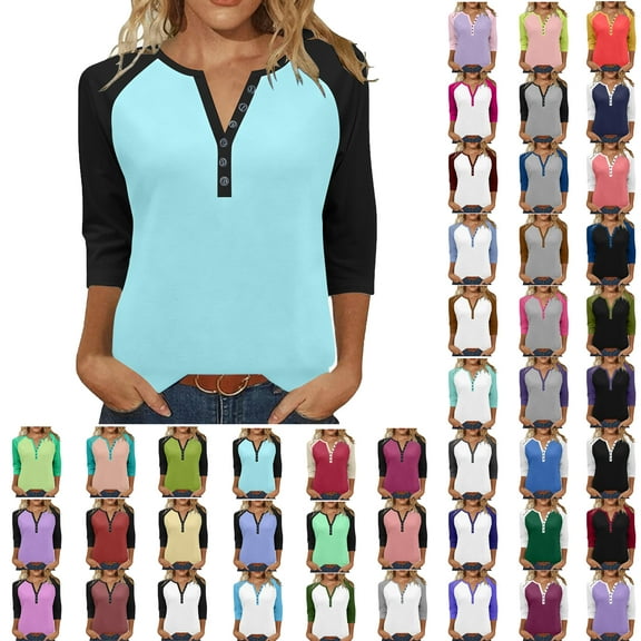 Sweatshirts for Women V-Neck 3/4 Sleeve Button-up Plus Size Shirts Women's Winter Casual Loose Pullover Blouse Tops Blue#02 3XL