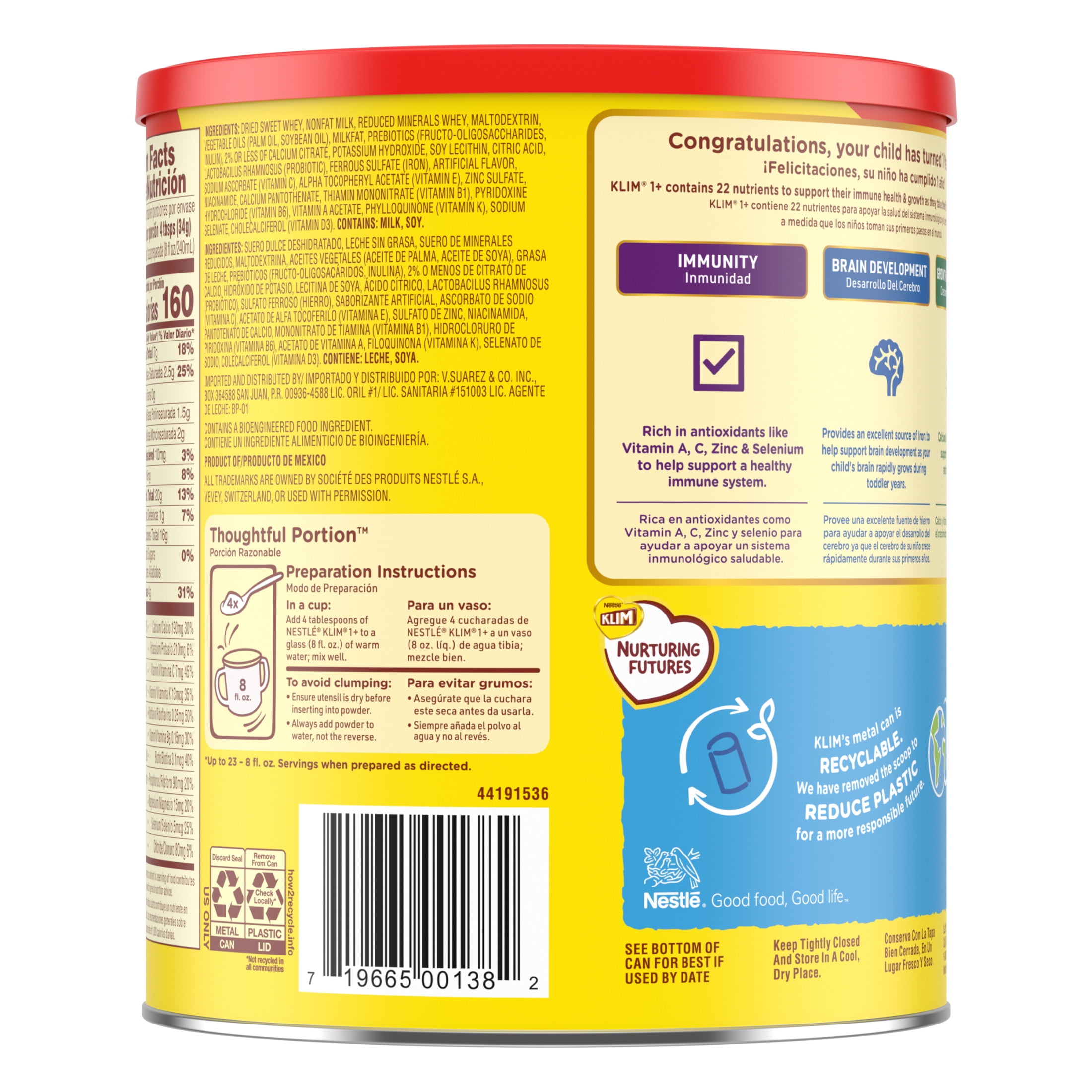 (12 pack) Nestle Klim Kinder 1+ Powder Immunity Probiotic Toddler Milk Beverage Mix with Vitamins A, C, D, Iron & Zinc, 28.2 oz Canister