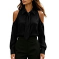 thumbnail image 4 of Cold Shoulder Shirts for Womens Solid Color Turndown Collar Casual Shirt Long Sleeve Dressy Top with Tie Black M, 4 of 9