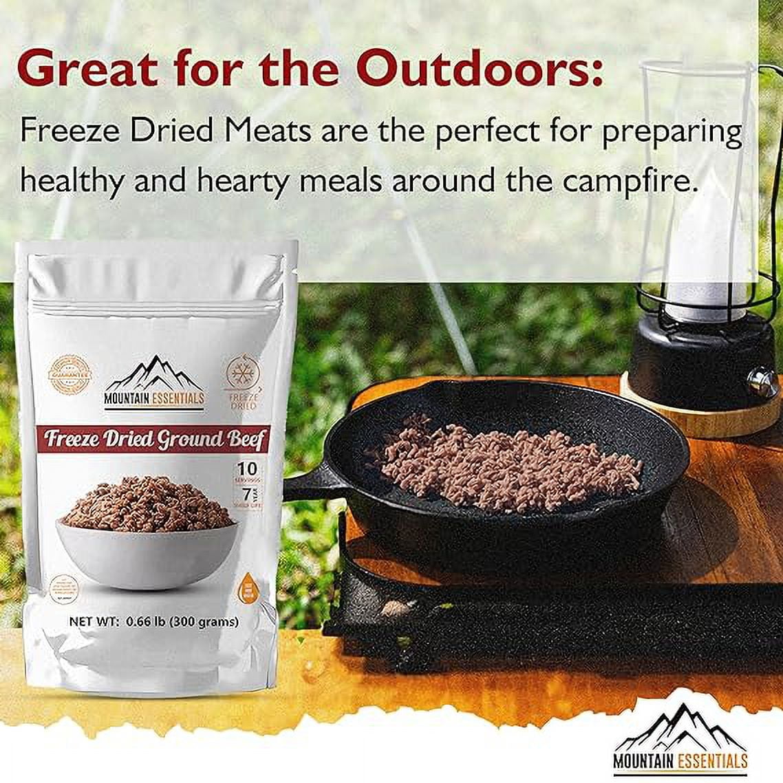 Mountain Essentials Freeze-Dried Ground Beef – Pre-Cooked Ready-to-Eat Hamburger Meat for Meal Prep, Camping, Emergency Food – 10 Servings per Pouch – Pack of 12