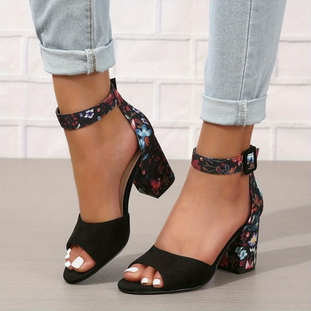 

Women s Chunky Heeled Sandals Peep Toe Floral Print Ankle Strap High Heels Canvas Sandals