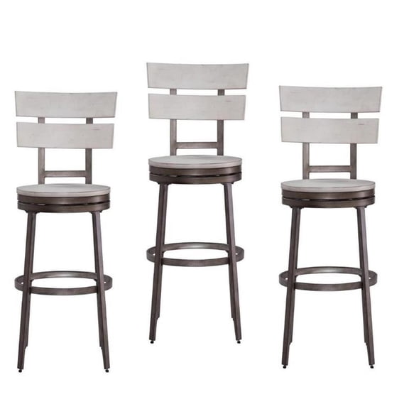 Home Square 3 Piece Metal Swivel Bar Stool Set in Distressed White