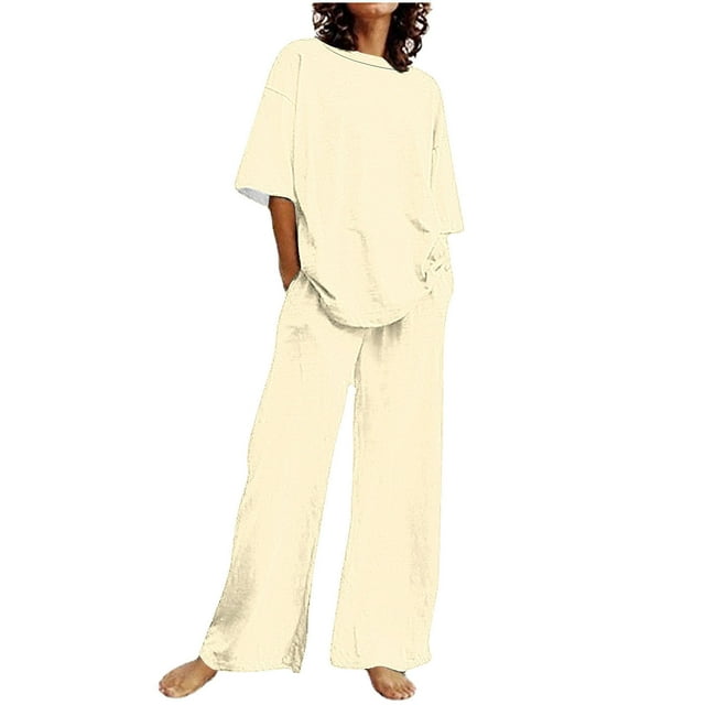 Hot6sl Liquidation d'Économies d'Été Ensembles de Blouses et Chemises à Manches Courtes à Col Rond, Ensemble Décontracté Uni pour Femmes avec Haut à Manches Courtes, Pantalon et Col Rond, Ensemble pour Femmes/beige, 5TG
