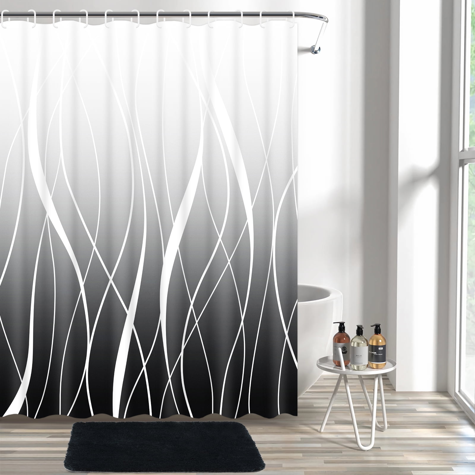 FRAMICS 15-Piece Ombre Black Shower Curtain Sets with Rugs, Waterproof Fabric Striped Gradient Bathroom Sets, 72" x 72"