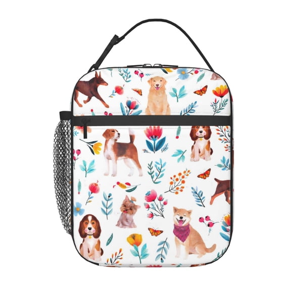 Dog Floral Flower Dog Lover Lunch Bag Portable Thermal Lunch Box for Men and Women