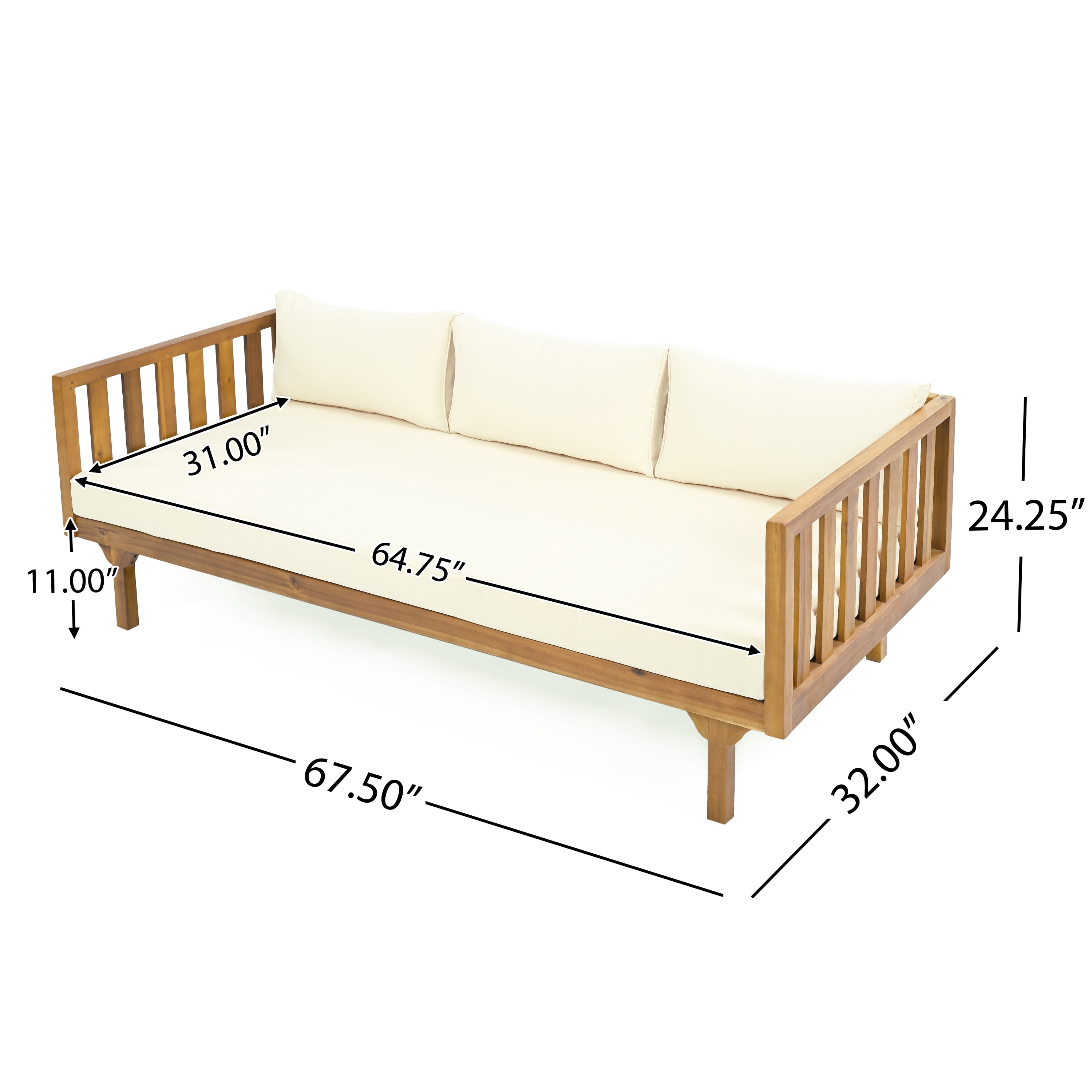 3 Seater Daybed, Outdoor Patio Leisure Daybed for Patio Garden, Teak and Beige