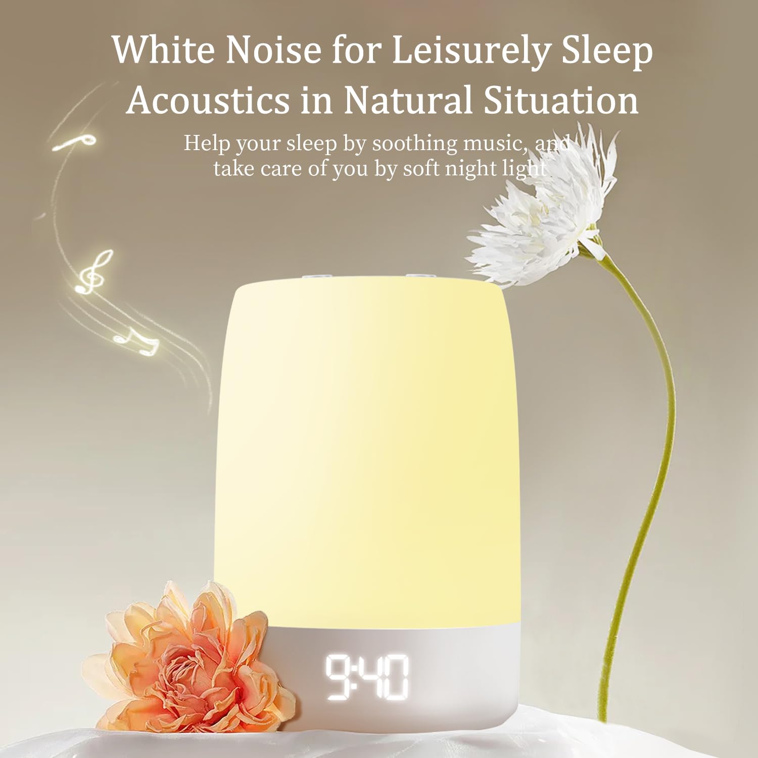White Noise Sound Machine with Night Light, 32 Soothing Sounds, Sunrise Alarm, Rechargeable, App Control for Home, Office, Travel