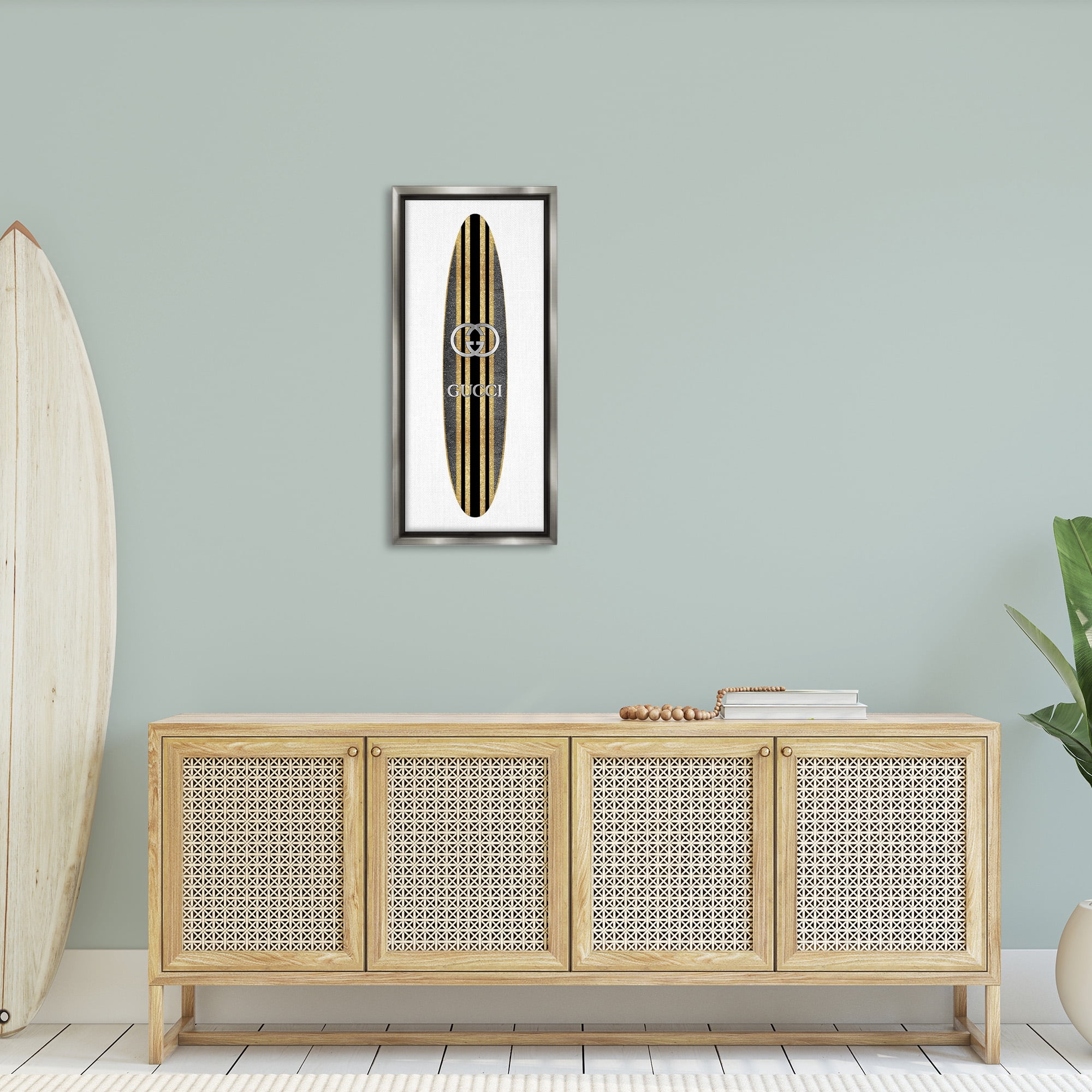 Stupell Industries Trendy Glam Surfboard Nature Painting Gray Floater Framed Canvas Art Print Wall Art, 14 x 31