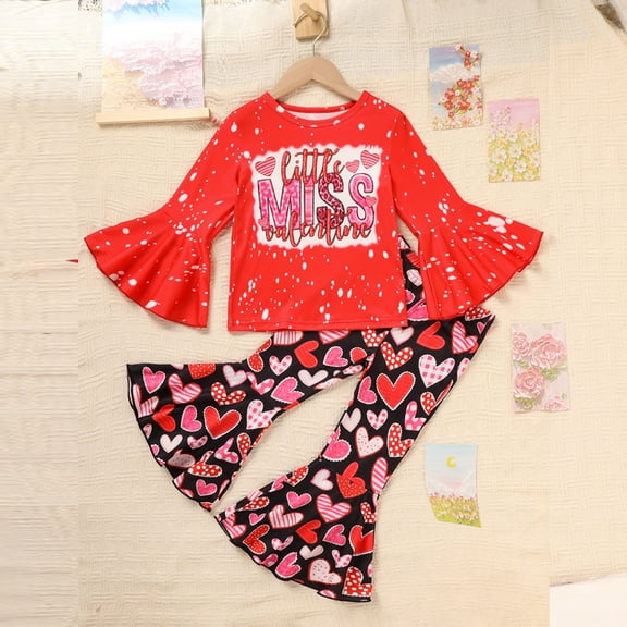 ZEHJUHAN Toddler's Girls 2-Piece Set Red Heart Print Flare Long Sleeve Round Neck Hoodie&Flare Pants Outfit Red,18-24M