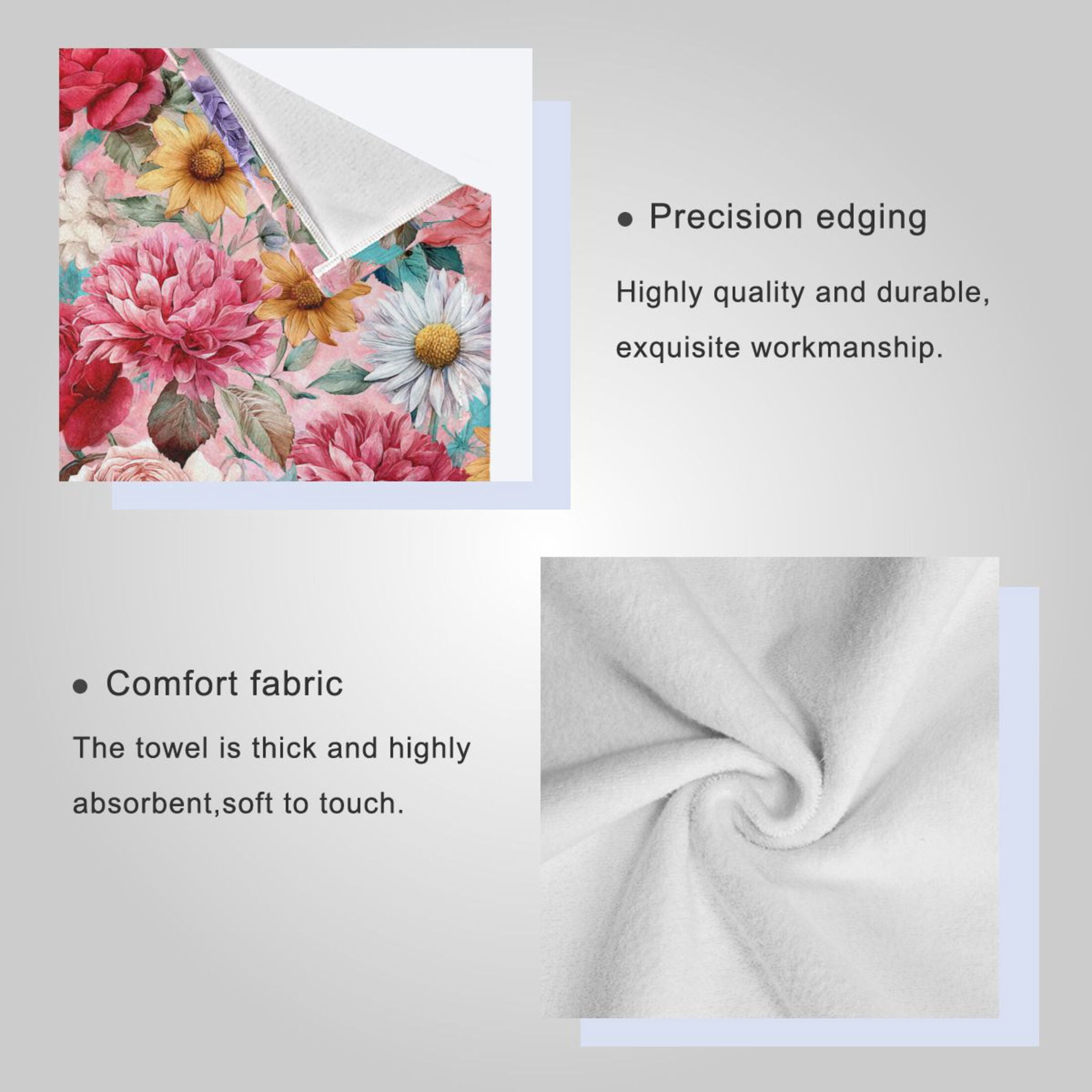3 Sizes of Towel Sets Including Bath Towel Hand Towel and Washcloth for Daily Use Fantasy Art Floral Pattern