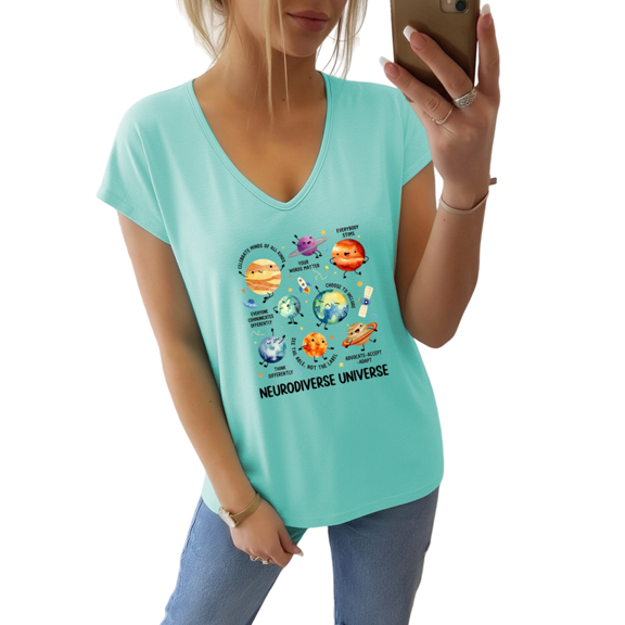 GIFFIMY Women's Empowering Floral Graphic V-Neck Short Sleeve T-Shirt Mint Green Standard Fit Everyday Top