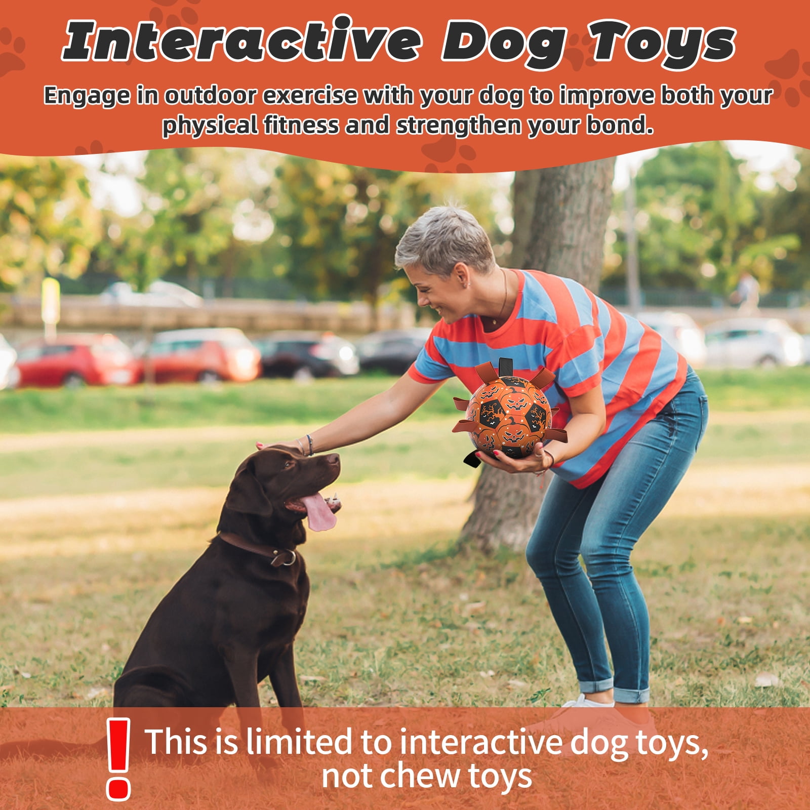 QDAN Halloween Dog Toys Soccer Ball with Straps, Interactive Dog Toys for Small Medium Large Dogs, Orange & Black, 7inch