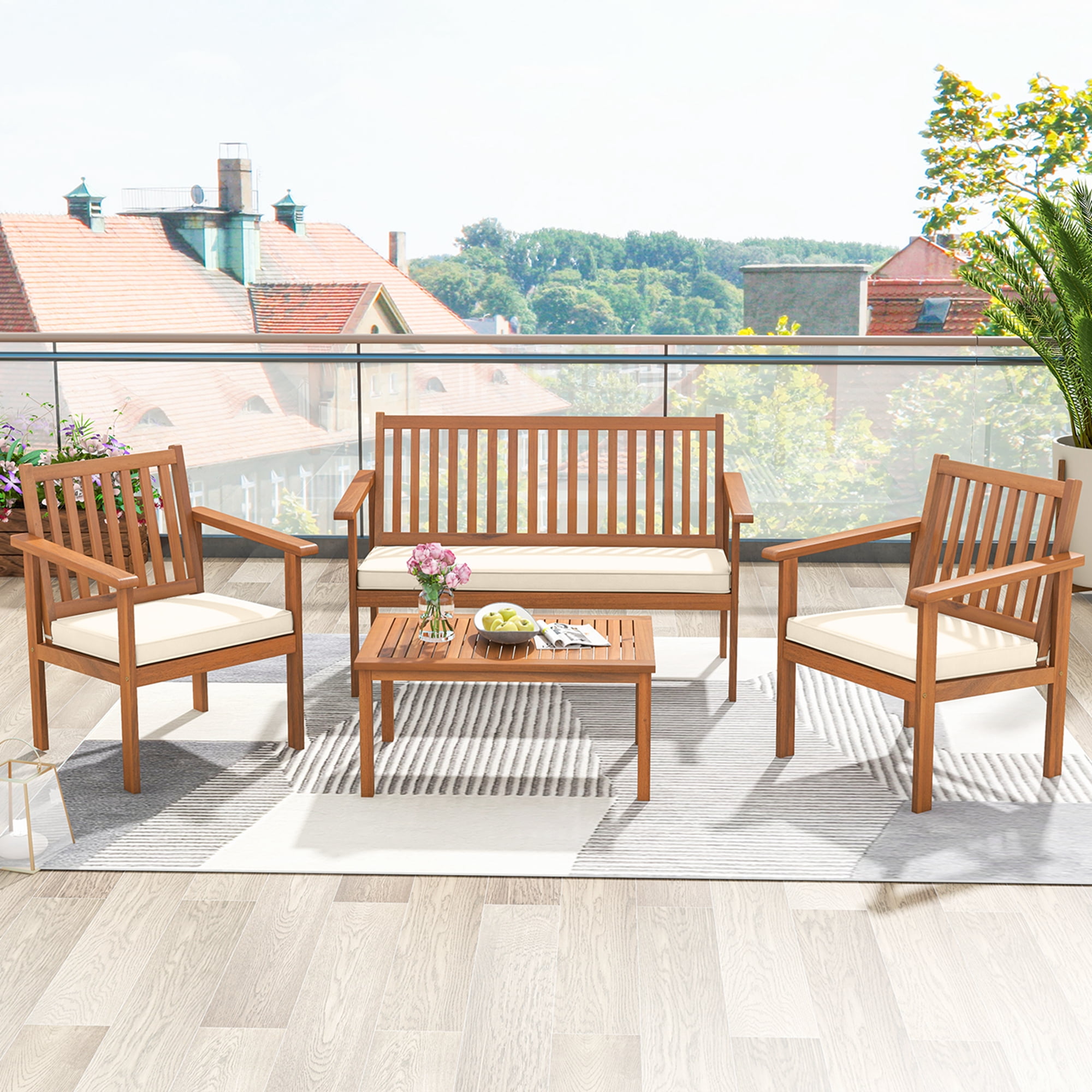 Costway 4 Piece Acacia Wood Patio Wood Furniture Set