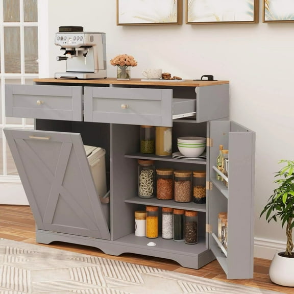 Auranook Trash Bin Cabinet, Tilt Out Garbage Cabinet w/Anti-Tipping Kit, 2 Drawers & Adjustable Shelves, Barn Door