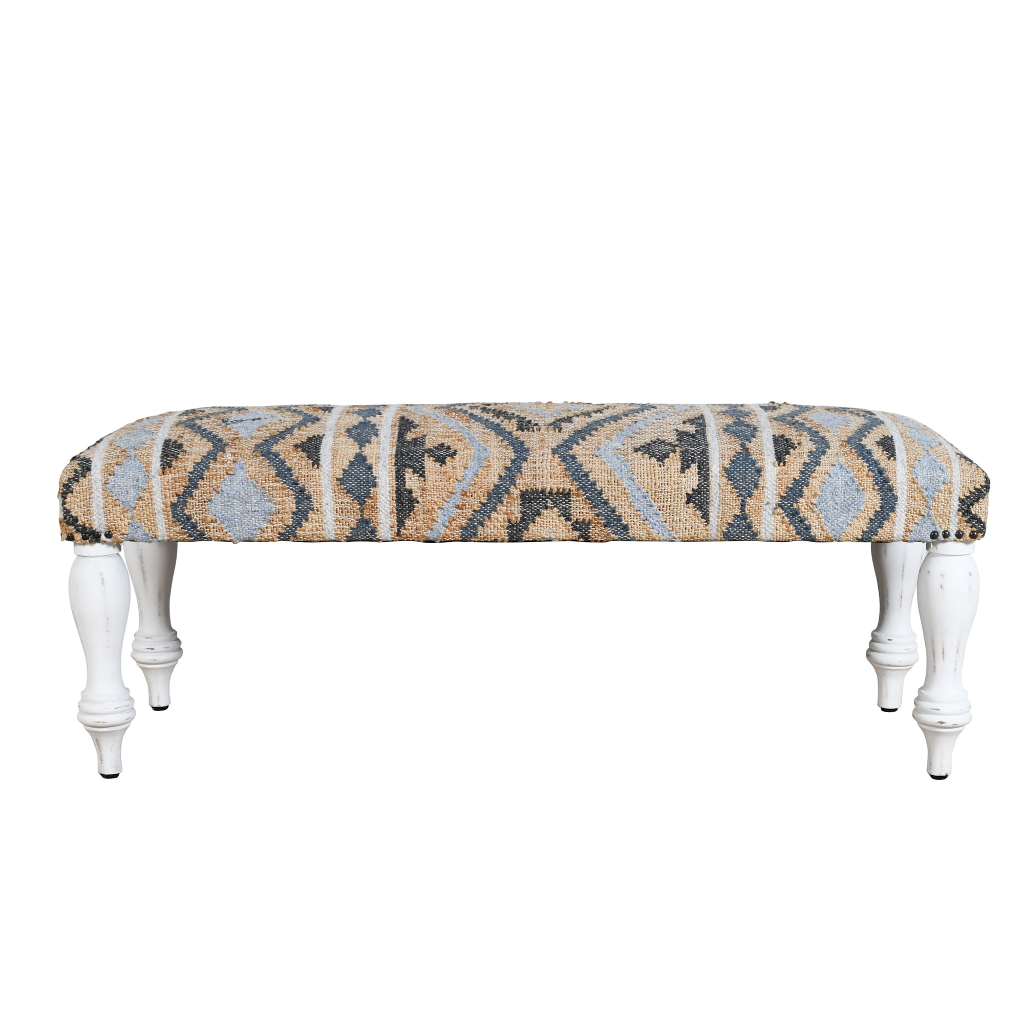 LR Home Contemporary Farmhouse Upholstered Indoor Accent Bench, Tan/Blue