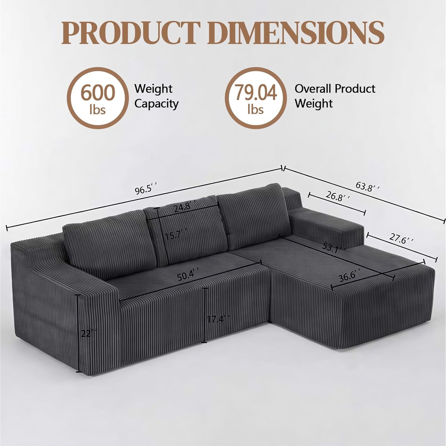 96.5" Corduroy Modular L Shaped Sectional Sofa for Living Room Bedroom, No Assembly, Grey