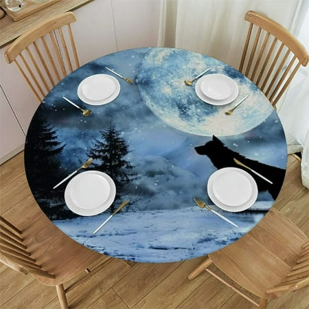 

Orinice Wolf Snow Full Moon Round Table Cover Stain Resistant Washable Indoor Outdoor Tablecloth Kitchen Dining Wedding Parties Table Cloth 100% Polyester Fiber 31-35