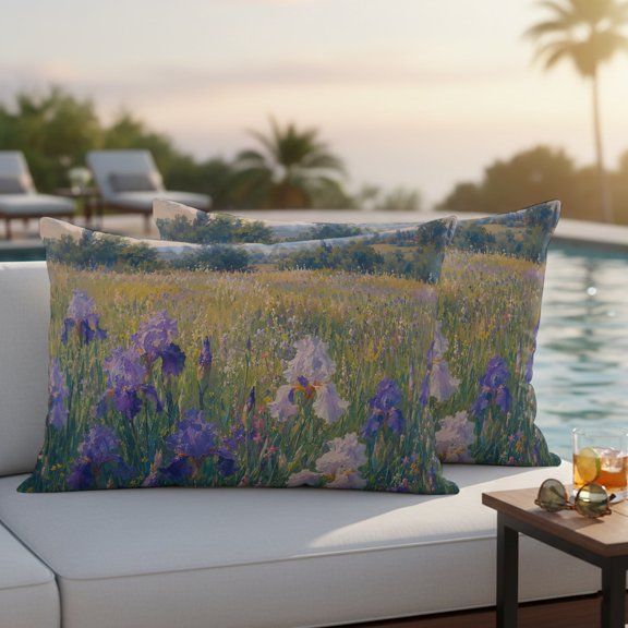 Purple Iris Field Outdoor Pillow Covers Pack of 2 Summer Pastoral Wildflower Meadow Tree Rustic Waterproof Throw Pillow Covers Decorative Cushion Cases for Patio Garden Tent Balcony Couch 20x12 inch