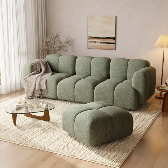 Christopher Knight Home 91" L-Shaped Sectional Sofa with Ottoman, Cushion Block Design, Olive Green