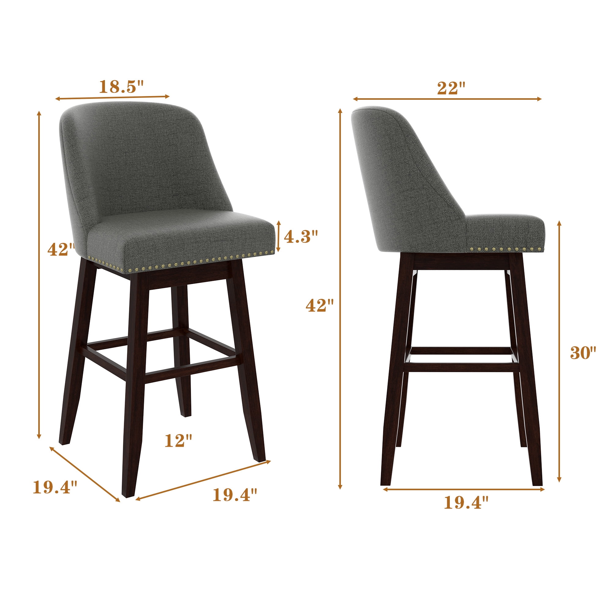 Tolead 30" Upholstered Swivel and Wood Legs Bar Stools - Set of 2, Gray