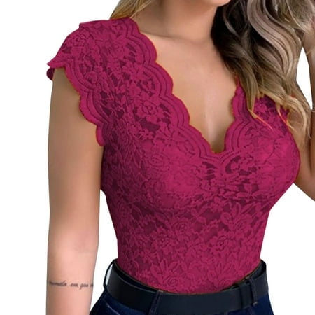 FhsagQ Lingerie Sets for Women Women Shirt Lace Shirt See Through Casual Slim Fit Tops Plus Size Short Sleeve Deep V Neck Temperament Trim Plunging Neck Lace Lingerie Top Vest Size S 5Xl Wine XL